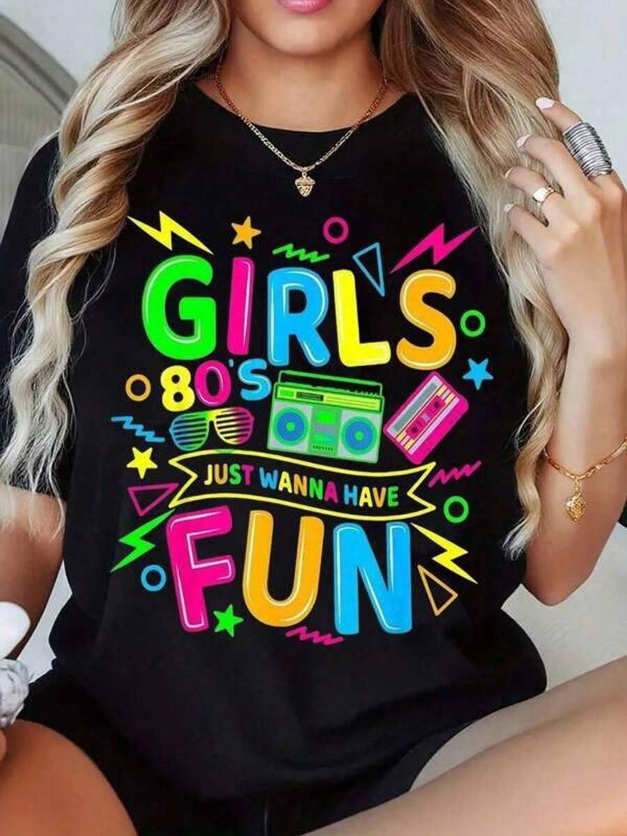 Camiseta de fiesta retro de neón Just Wanna Have Fun de los 80 para chicas, camiseta casual para mujeres, disfraz temático de los 80, atuendo divertido de estilo vintage - Negro - Ver 1
