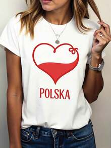 Women's Y2K "POLSKA" Polish Heart Print T-Shirt, Top For Polish Independence Day National Celebrations, Simple Short Sleeve Patriotic Style, Everyday Streetwear With A Distinctive Touch, Summer Streetwear With Graphic Print. - 白色 - 查看 6