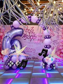 90pcs/Set Purple K-Pop Themed Number Balloon Set, Includes 0-9 Purple Numbers, Purple Latex Balloons/Tail Balloons, Black Music Note Foil Balloons, Colorful Heart/Water Drop Explosion Star Balloons, Suitable For K-Pop Themed Party, Birthday, Anniversary Party Arch Decoration - Music Digital - View 3