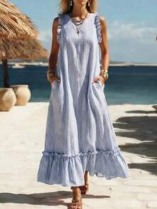 New Loose Sleeveless Ruffled Dress For Spring And Summer 2026, Breathable Striped Vest Dress For Women - 藍色 - 查看 1