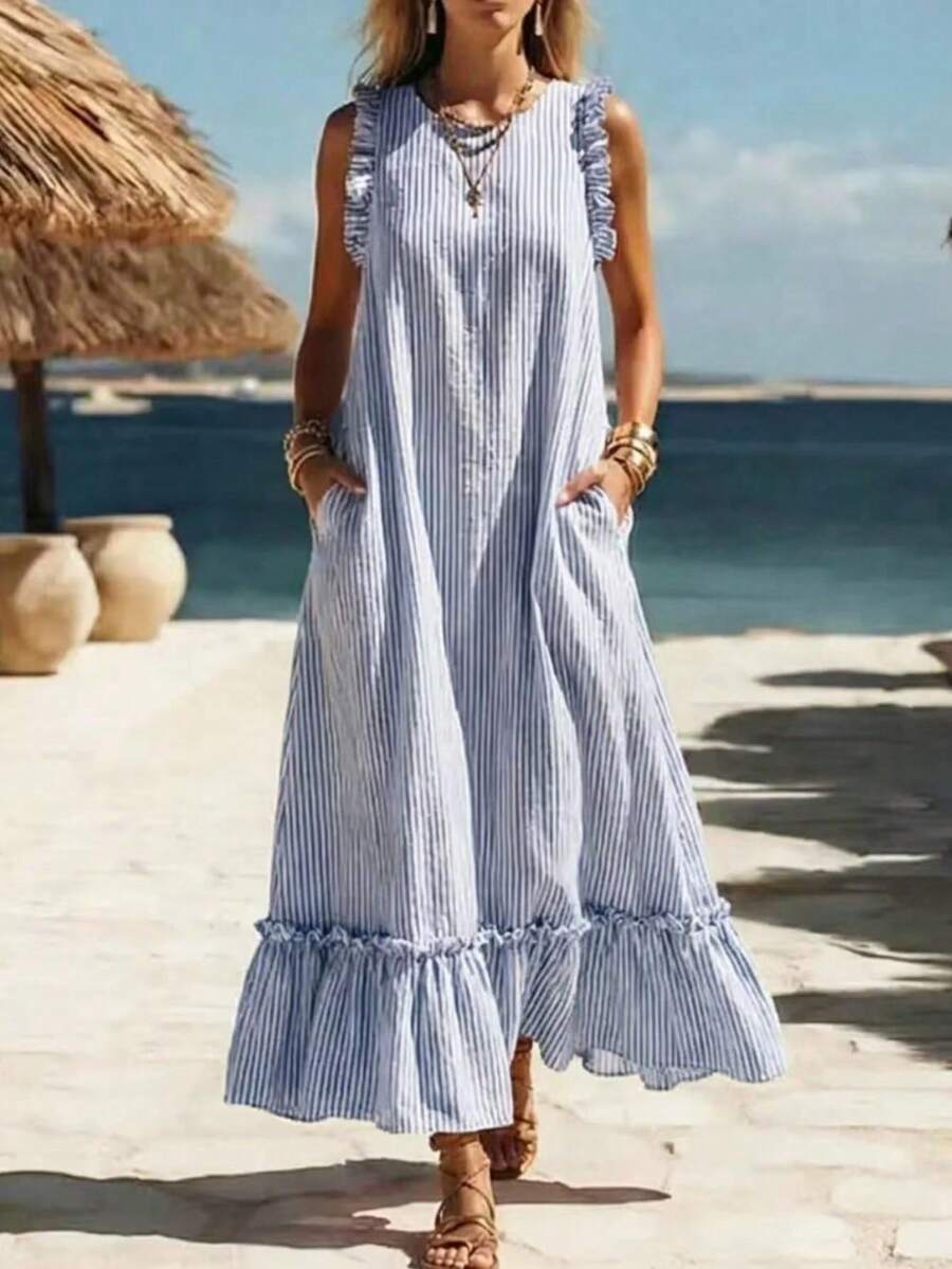 New Loose Sleeveless Ruffled Dress For Spring And Summer 2026, Breathable Striped Vest Dress For Women - 藍色 - 查看 1