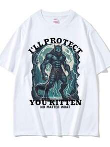 Funny I'll Protect You Kitten No Matter What Meme T Shirt Alpha Wolf Graphic Tshirts Men Women Fashion Vintage Oversized T-Shirt - 白色 - 查看 1