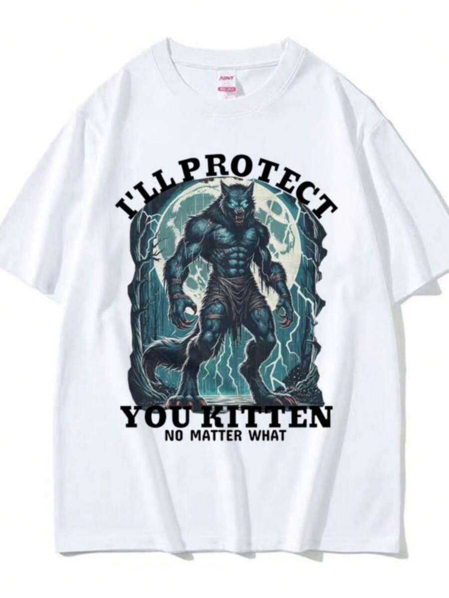 Funny I'll Protect You Kitten No Matter What Meme T Shirt Alpha Wolf Graphic Tshirts Men Women Fashion Vintage Oversized T-Shirt - 白色 - 查看 1