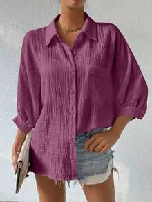 Camisa de mujer minimalista y casual de unicolor con botones delanteros, textura y hombros caídos - Morado - Ver 12