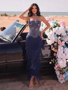 New Sexy Sleeveless Strapless Shiny Heavy Rhinestone Decorated Backless Fitted Asymmetrical Tassel Hem Bandage Maxi Dress Party Wedding Gown - Royal Blue - View 5