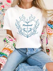 Camiseta con Estampado de Letras de Fantasía "Glass Throne", Regalo para Amantes de los Libros, Top Casual de Manga Corta y Cuello Redondo para Primavera y Verano, Ropa de Mujer 100% Algodón - Blanco - Ver 7