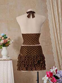 Women's Sexy Polka Dot Print Tie-Neck Tankini Swimsuit With Open Back, Suitable For The Beach And Vacation - 棕色 - 查看 2