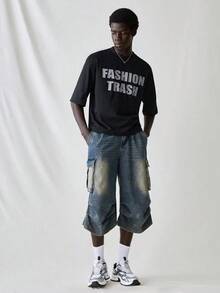 SWAVVY Men's Knit T-Shirt, Casual Style, Loose Fit, Short Sleeve, With English Letter Print, For Summer. - 黑色 2 - 查看 4