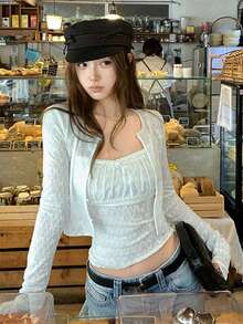 Elastic Lace Jacquard Cardigan/Camisole 2 Pieces Set Casual - Light Blue - View 6
