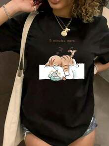 Women's Short Sleeve Crew Neck Printed T-Shirt, Funny Graphic Design Of A Cat Sleeping On An Alarm Clock (5 More Minutes), Unisex Casual T-Shirt For Men And Women With Cute Animal Design, Ideal For Holiday Gifts, Women's Blouses, Shirt - 黑色 - 查看 3