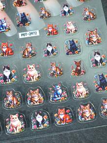 1pc Cute Kitten & Colorful Flower Nail Stickers, Self-Adhesive One-Time Embossed Nail Art Decor, Adorable Style Suitable For Women Manicure, Pedicure, Holiday Decoration - Multicolor - View 4