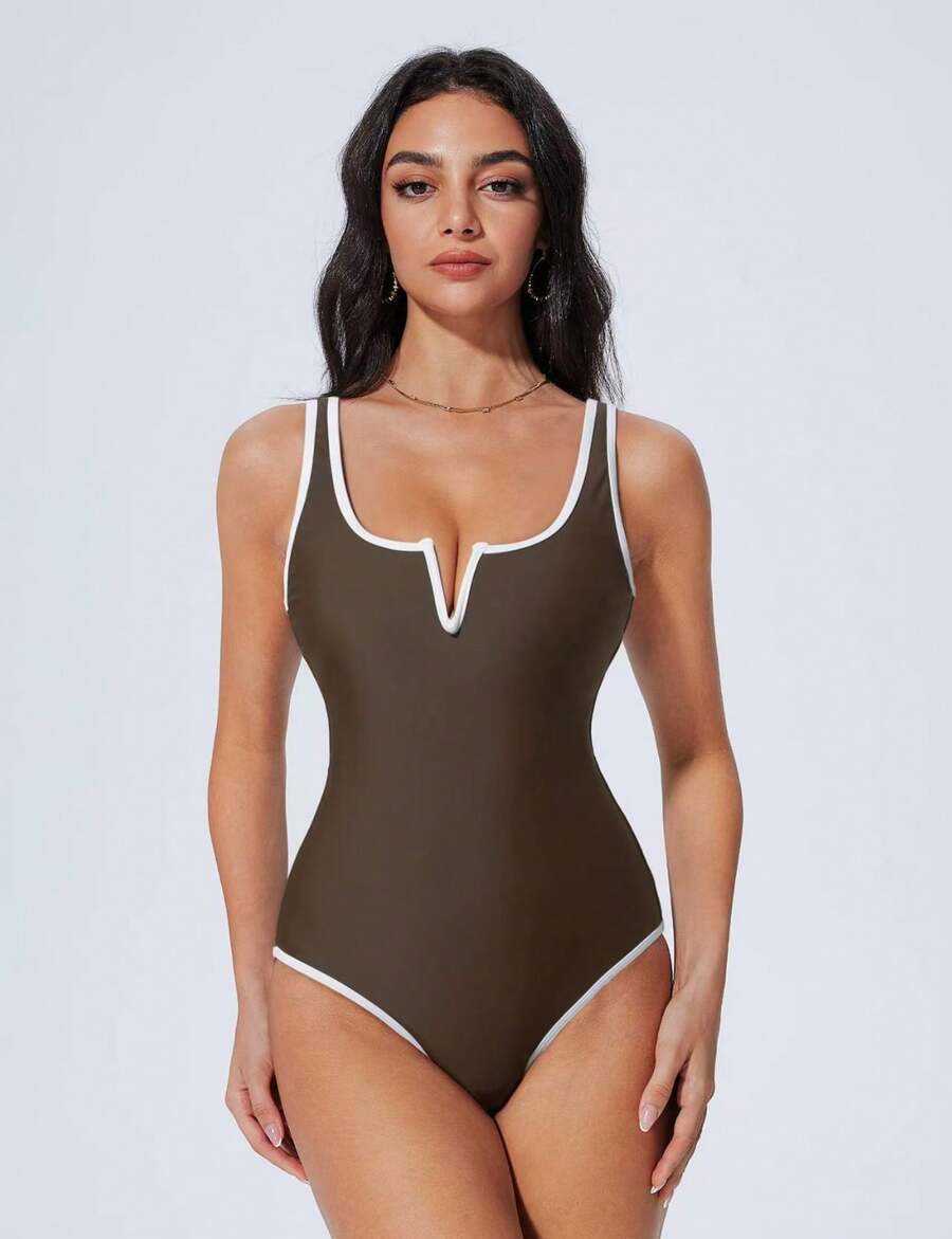 New One-Piece Swimsuit With Sexy Deep V Bikini Design, Solid Color, Body-Hugging. - Coffee Brown - View 1