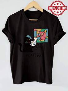 Camiseta de manga corta 100% pura con cuello redondo, con estampados de un artista gato y su obra, perfecta para ropa casual de verano cómoda y transpirable para mujer - Negro - Ver 6