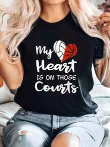 Mi Corazón Está En Esas Canchas Camiseta Estampada Para Mamá Jugadora De Voleibol Y Baloncesto, Camiseta Casual De Cuello Redondo De Manga Corta Cómoda Para Primavera Y Verano, Ropa De Mujer Summer Essentials,Summer Outfits For Women,Graphic Tees blusas para mujer camisa - Negro - Ver 6