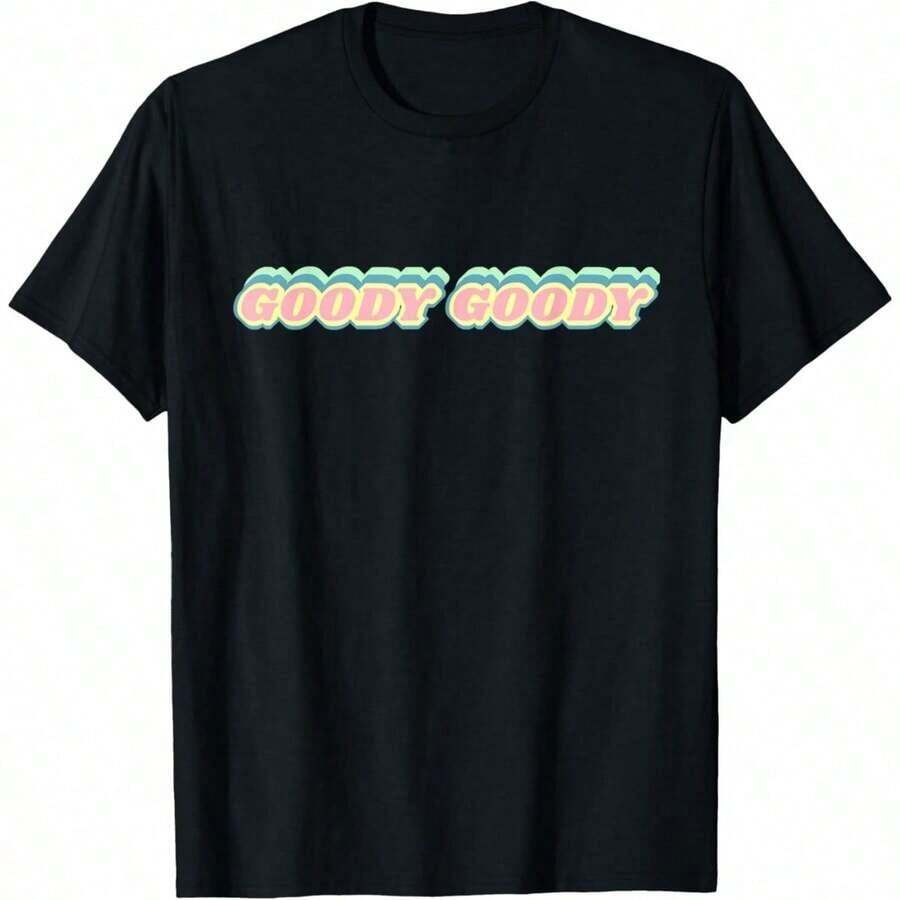 Camiseta estampada de algodón puro de 180 g/m² con diseño retro divertido, fuente arcoíris, frase divertida "Goody Goody", tela de algodón transpirable, textura de punto cómoda y suave, duradera y fácil de limpiar, lavable a máquina, perfecta para un estilo vintage. - Negro - Ver 1