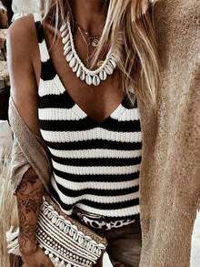 Parte superior de punto sin mangas de diseño hueco de unicolor para mujer, conjunto casual de ropa de punto informal, parte superior de cubierta de estilo bohemio para mujer, atuendo de verano bohemio chic para mujer - Blanco y Negro - Ver 1