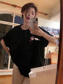 Camiseta Pura para Mujer Manga Corta Diseño de Nicho y Estampado 2025 Verano Nuevo Top Holgado de Manga Media y Ajustado para Mujer - Negro - Ver 3