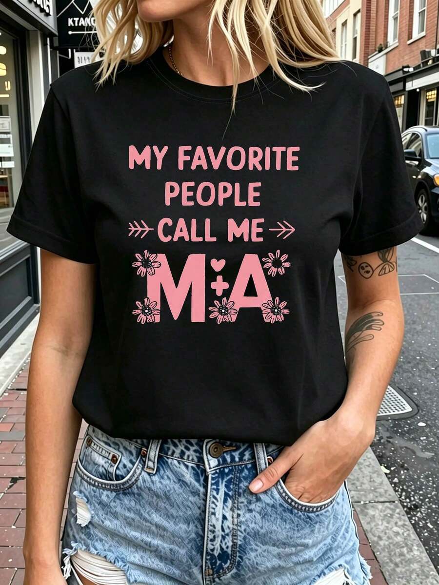 Camiseta de Mujer "Mis Personas Favoritas Me Llaman MIA" con Estampado de Orgullo de Abuela, Cuello Redondo, Manga Corta con Gráfico Floral, Cálida para el Día de la Madre, Uso Diario, Tops para Salir para Mujer - Negro - Ver 1