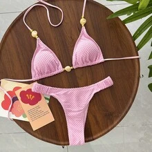 Nuevo Bikini de Dos Piezas para Mujer 2026, Sexy, de Color Sólido, con Cuello Halter y Adornos de Cuentas, para Playa - z26063 Rosa - Ver 9