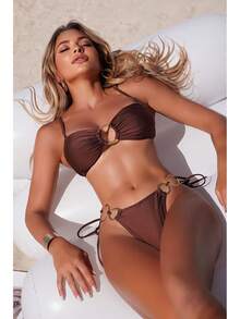 Traje de baño bikini de dos piezas con anillo decorativo de color sólido y correa para el cuello. - 9339 Bikini marrón - Ver 9