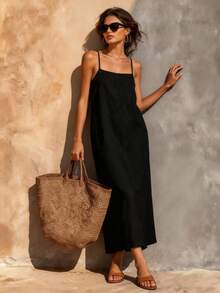Linen Spaghetti Strap Maxi Dress For Women - Summer Casual Solid Color Beach Vacation Long Dress With Breathable Fabric For Resort Travel Date Night - 黑色 - 查看 6