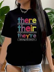 Women's Vintage Cotton T-Shirt With Rainbow Text Print, Casual Clothing For Women And Girls, Everyday Wear, Urban Style, Fashion Graphic Top - 黑色 - 查看 8