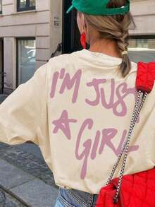I'm Just Girl - Women's Summer T-Shirt, Urban Style, With Custom Letter Print, Crew Neck, Everyday Wear, Women's Top. Women's Pure Cotton Graphic T-Shirts - 杏色 - 查看 4