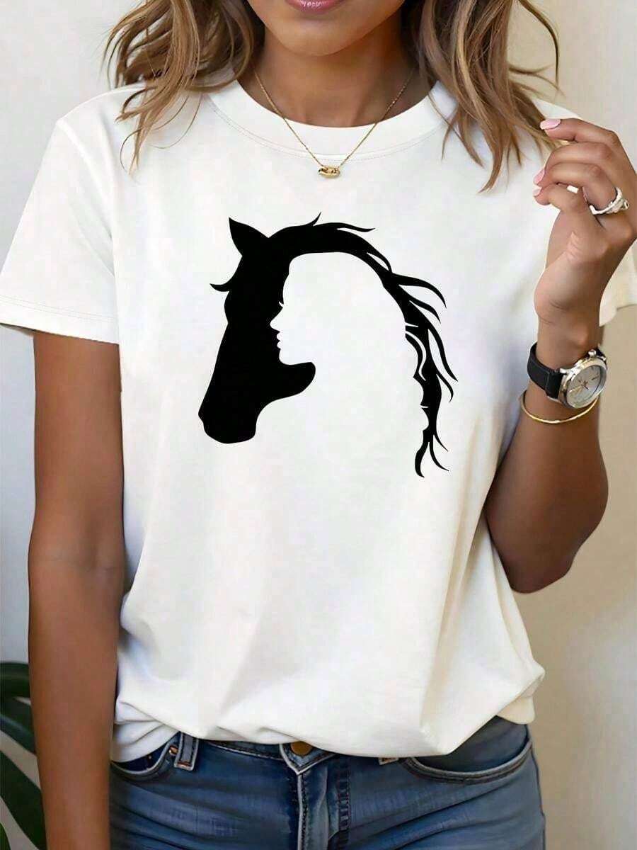 Loose1 pieza clásica y versátil, camiseta corta de algodón puro para mujer con estampado de silueta de caballo, estilo moderno, adecuada para usar en todas las estaciones.Basic Crew Neck Cotton T-shirt for Women - Blanco - Ver 1