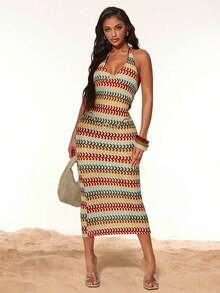 YHHSHEIN  Vestido casual básico de punto con rayas de colores y textura, para vacaciones en la playa en veranoYHH - Multicolor 2 - Ver 3