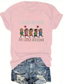 Plus Size - Plus Size Women'S Casual Crew Neck T-Shirt - "I Love My Job" Graphic Tee with Colorful Cartoon Characters, Short Sleeve, Lightweight & Breathable Fabric for Spring & Summer, Casual Wear | Playful Graphic Tee | Comfortable Fit - Rosa - Ver 1