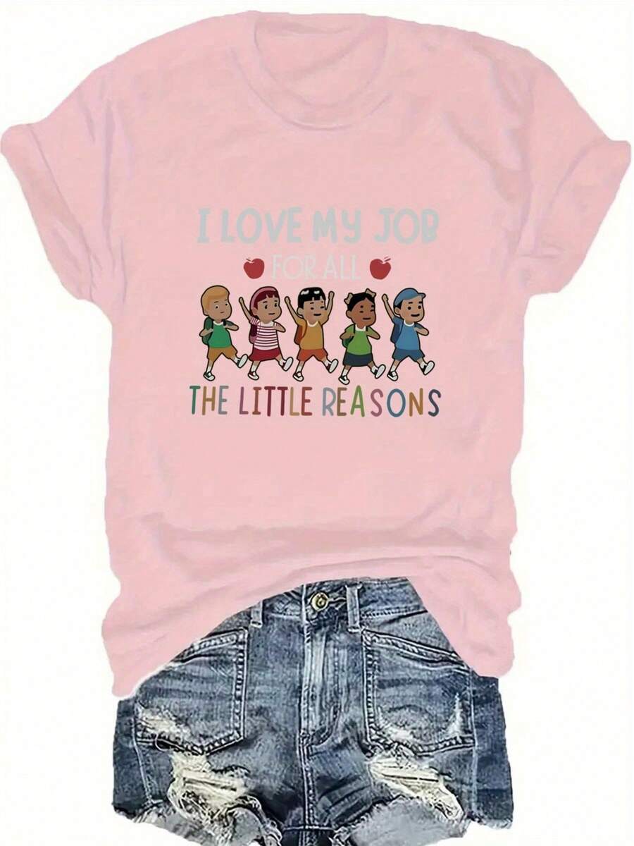 Plus Size - Plus Size Women'S Casual Crew Neck T-Shirt - "I Love My Job" Graphic Tee with Colorful Cartoon Characters, Short Sleeve, Lightweight & Breathable Fabric for Spring & Summer, Casual Wear | Playful Graphic Tee | Comfortable Fit - Rosa - Ver 1