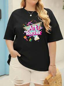 Camiseta de algodón puro, talla grande para mujer, con estampado de profesora de arte (lápices, pinceles, paletas). Cuello redondo, holgada y casual, con estampado de materiales de arte. Transpirable, adecuada para el uso diario en primavera, verano y otoño. Lavable a máquina, una prenda cómoda ideal para educadoras y artistas. Colores brillantes, corte relajado, diseño creativo que incorpora elementos artísticos, perfecta para primavera, otoño e invierno. Es una opción ideal para salidas y actividades informales. - Negro - Ver 1
