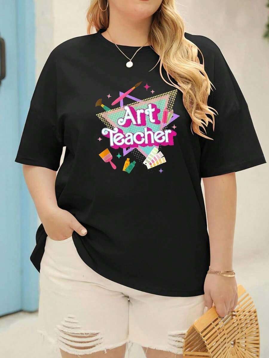 Camiseta de algodón puro, talla grande para mujer, con estampado de profesora de arte (lápices, pinceles, paletas). Cuello redondo, holgada y casual, con estampado de materiales de arte. Transpirable, adecuada para el uso diario en primavera, verano y otoño. Lavable a máquina, una prenda cómoda ideal para educadoras y artistas. Colores brillantes, corte relajado, diseño creativo que incorpora elementos artísticos, perfecta para primavera, otoño e invierno. Es una opción ideal para salidas y actividades informales. - Negro - Ver 1