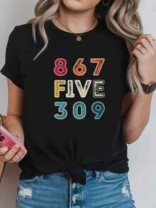 Suave, transpirable y ligera para comodidad durante todo el día, Camiseta, "8"67" FIVE 309" 867-5309 con estampado vintage lavado, camiseta negra de manga corta con cuello redondo - Lavable a máquina, adecuada para primavera, verano y otoño, estilo casual, ajuste cómodo, diseño moderno. Cuello redondo clásico con un corte relajado que favorece todas las formas del cuerpo y es fácil de combinar con jeans, shorts y leggings. - Negro - Ver 6