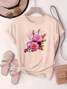 Camiseta de manga corta con cuello redondo y estampado floral, estilo europeo y americano, para mujer, estilo deportivo - Camiseta unisex de algodón holgada de manga corta y cuello redondo, estilo vintage urbano. - Albaricoque - Ver 6