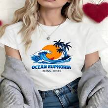 Ocean Euphoria Graphic T-Shirt, 100% Cotton Oversized Soft Breathable Casual Crewneck Short Sleeve Top, Summer Vibes Aesthetic Streetwear Tee For Beach Lovers & Surf Enthusiasts - 白色 - 查看 12
