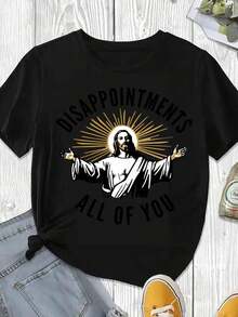 Elegant And Casual Women's Short-Sleeved, Relaxed-Fit T-Shirt With Easter Jesus Print And The Phrase "All Of You With Disappointments", White Casual Wear For Spring And Summer. - 黑色 - 查看 3