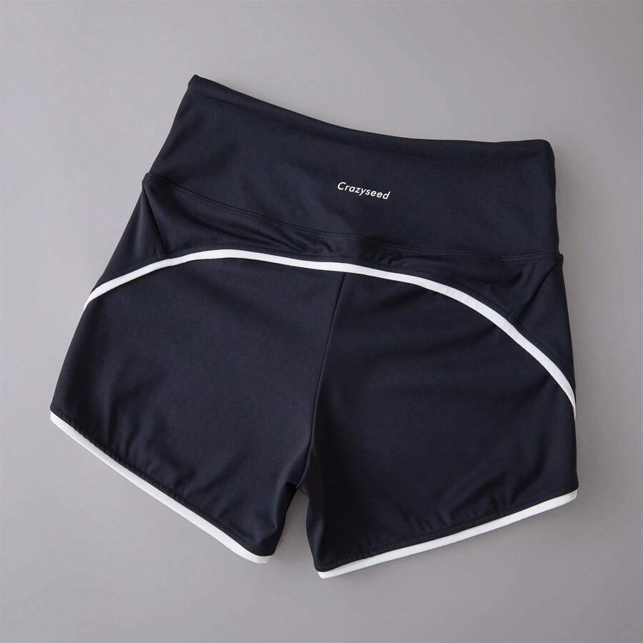 Pantalones cortos deportivos de cintura alta con contraste de Color, Shorts elásticos ajustados para entrenamiento de cadera, Fitness, Yoga, novedad de 2024 - Negro - Ver 1
