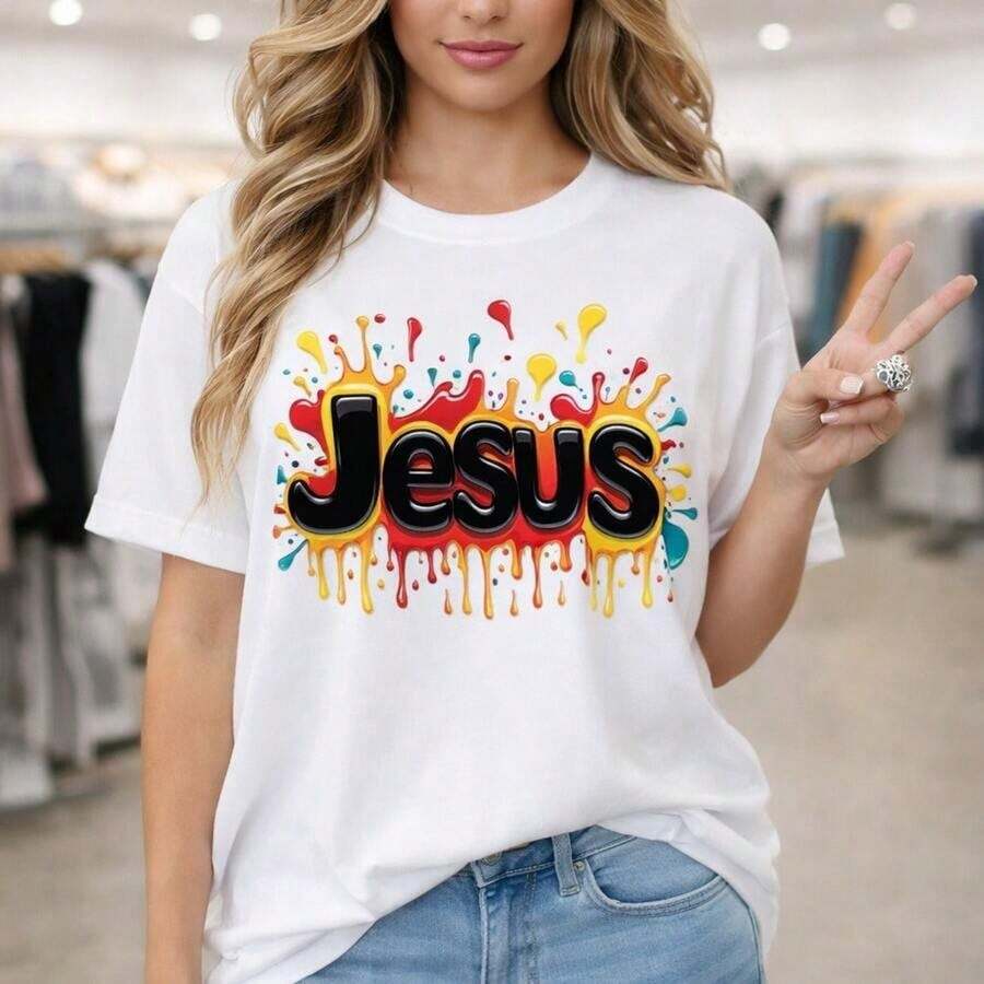 Camiseta de Algodón Casual para Mujer con Estampado de Jesús, Manga Corta, Estampado Religioso, Corte Holgado, Cuello Redondo, Top de Algodón Cómodo para Uso Diario, Estampado Colorido de la Letra Jesús, Ropa Religiosa, Tela de Algodón Suave, Camiseta Casual Transpirable. - Blanco - Ver 1