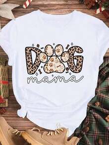 Elegante y casual para mujer, manga corta, camiseta con estampado de pata de leopardo "Dog Mama", regalo para el Día de la Madre para amantes de los perros, ropa casual blanca para primavera y verano. - Blanco - Ver 3