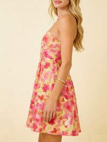 Women's Floral Halter Neck Mini Dress Ruched Backless A-Line Maternity Party Dress With Adjustable Self-Tie - Rosa - Ver 3