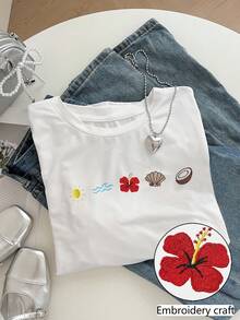 Camiseta informal de mujer de manga corta con cuello redondo, con estampado de letras y arándanos - Blanco - Ver 1