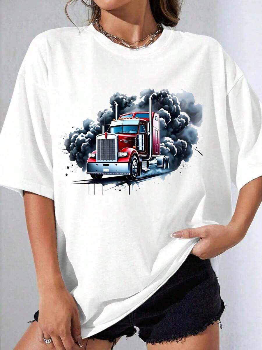 Camiseta Negra y Blanca para Niña, Camiseta Oversize con Estampado Gráfico de Camión Blanco para Uso Casual, Fiesta al Aire Libre, Camiseta Estampada Casual 180g - Blanco - Ver 1