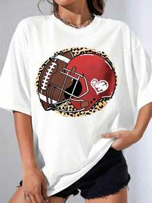 Camisetas de Mujer, Manga Corta Casual para Fiesta, Camiseta Oversize OneWhite con Estampado de Fútbol Americano y Casco para Uso Casual 180g - Blanco - Ver 7