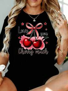 Women's Cherry Print T-Shirt "Love You Cherry Much", Casual Loose Fit, Summer Graphic Tee 180g, For Leisure At Home And Outdoors, Gift For Valentine's Day Or Parties - 黑色 - 查看 7