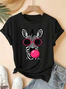 Camiseta Casual de Manga Corta con Estampado de Cebra para Mujer, Ideal para Vacaciones de VeranoImprimirManga cortaVintageCuello RedondoCamisetaConGafas de solYChicleSoplando,FrescoBosqueEstiloSueltoSuperior,2026Primavera/VeranoEleganteFiestaModaVersátilCommutadorMujeresRopa-VintageCalleEstiloUnisexoSueltoAlgodónCortoMangaTripulaciónCuelloCamiseta - Negro - Ver 11