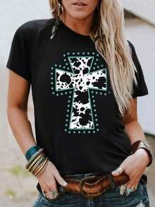 Women's T-Shirt With Cross Print, Cowhide Style, Graphic Design T-Shirt With Turquoise Dots, Casual Western And Boho Chic Top - Hitam - View 7