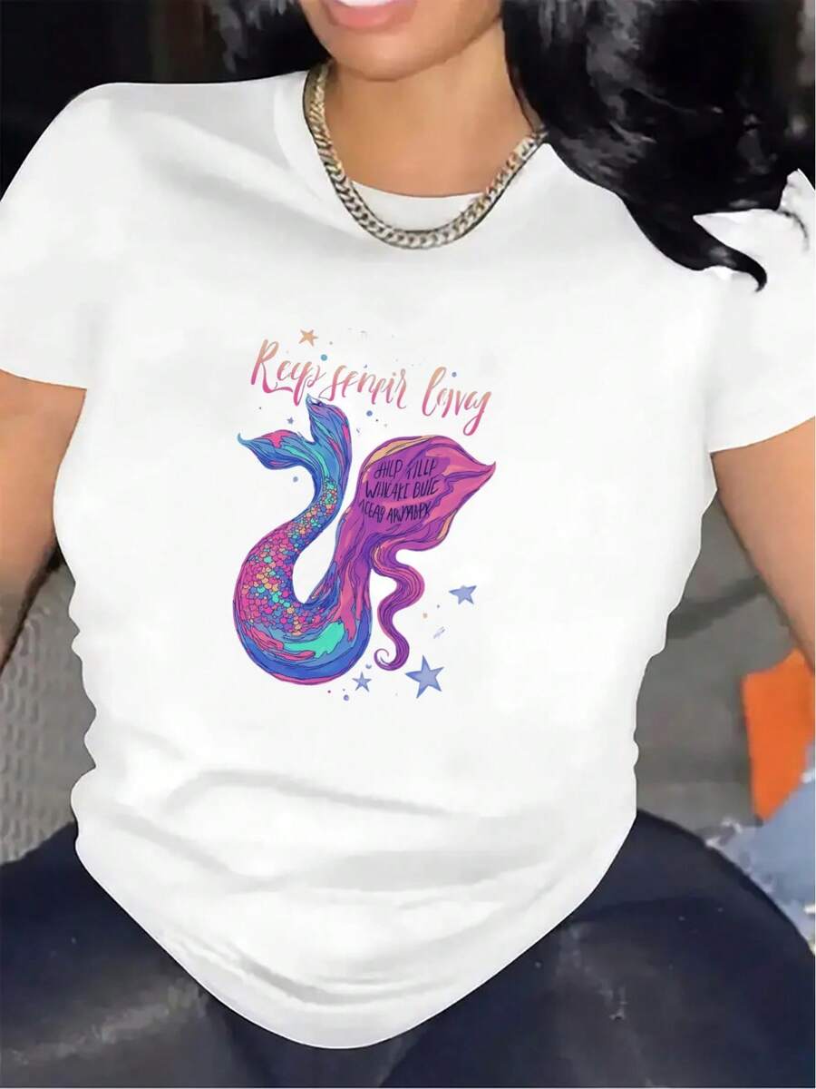Women's Short-Sleeved Polyester T-Shirts For Home And Lounge Use, Featuring A Durable, Lightweight Design And A Vibrant Mermaid Graphic Print, Ideal For Comfortable, Casual Everyday Wear. - 白色 - 查看 1