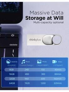 ThinkPlus TU201PLUS USB闪存盘 8GB/16GB/32GB/64GB USB2.0金属U盘，即插即用，防水，银色 - 查看 3