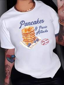 A Tower Of Golden Pancakes With Drizzled Honey And Blueberries On The Side Symbolizes Sweetness And Everyday Humor. A Comfortable, Modern, Casual Women's T-Shirt For Daily Wear. - 白色 - 查看 8